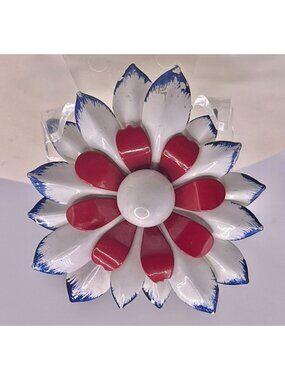 Vintage 1960s Red White & Blue Enamel Flower Brooch Pop Art Patriotic Pin Retro